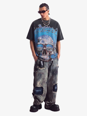 Jersey Knit Street Retro Skull Graffiti Print T-Shirt