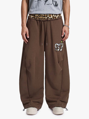 Retro Double-Waist Leopard Patch Barrel Pants - 2564