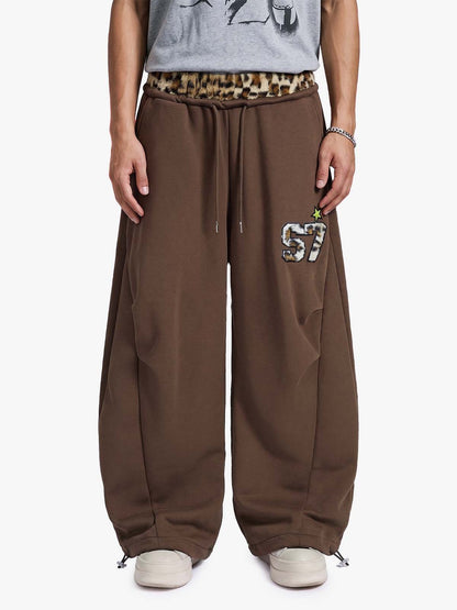 Retro Double-Waist Leopard Patch Barrel Pants - 2564