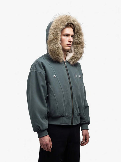 Faux Fur Lined Zip Up Hooded Bomber Jacket 