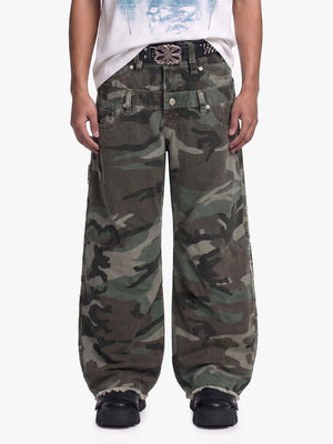 Retro Double Waist Camouflage Barrel Pants - 2555