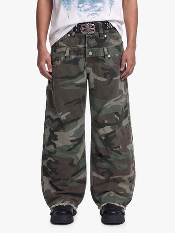 Retro Double Waist Camouflage Barrel Pants - 2555