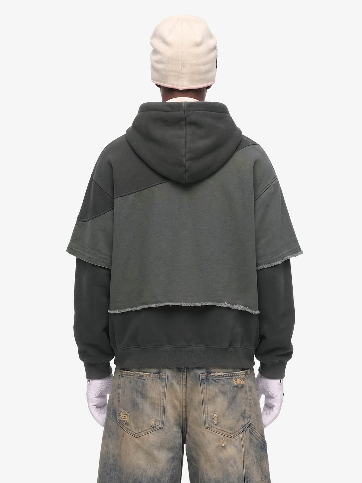 Distressed Patchwork Raw-Edge Layered-Hem Fleece Hoodie