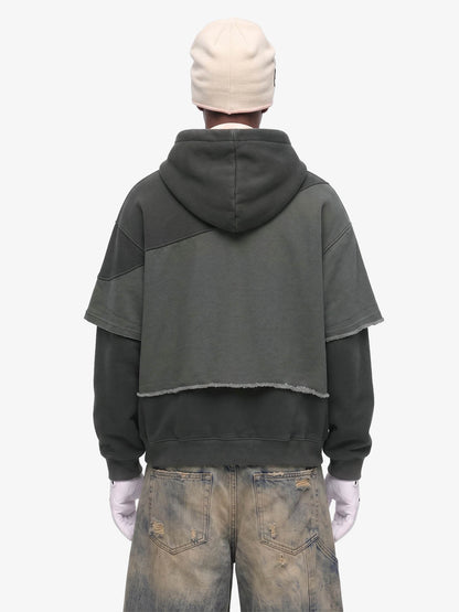 Distressed Patchwork Raw-Edge Layered-Hem Fleece Hoodie