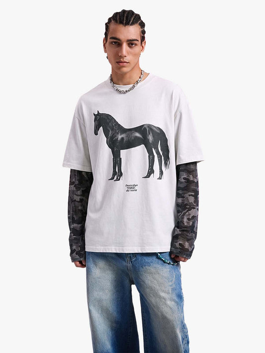 Layered Leopard Horse Graphic Long Sleeve T-Shirt