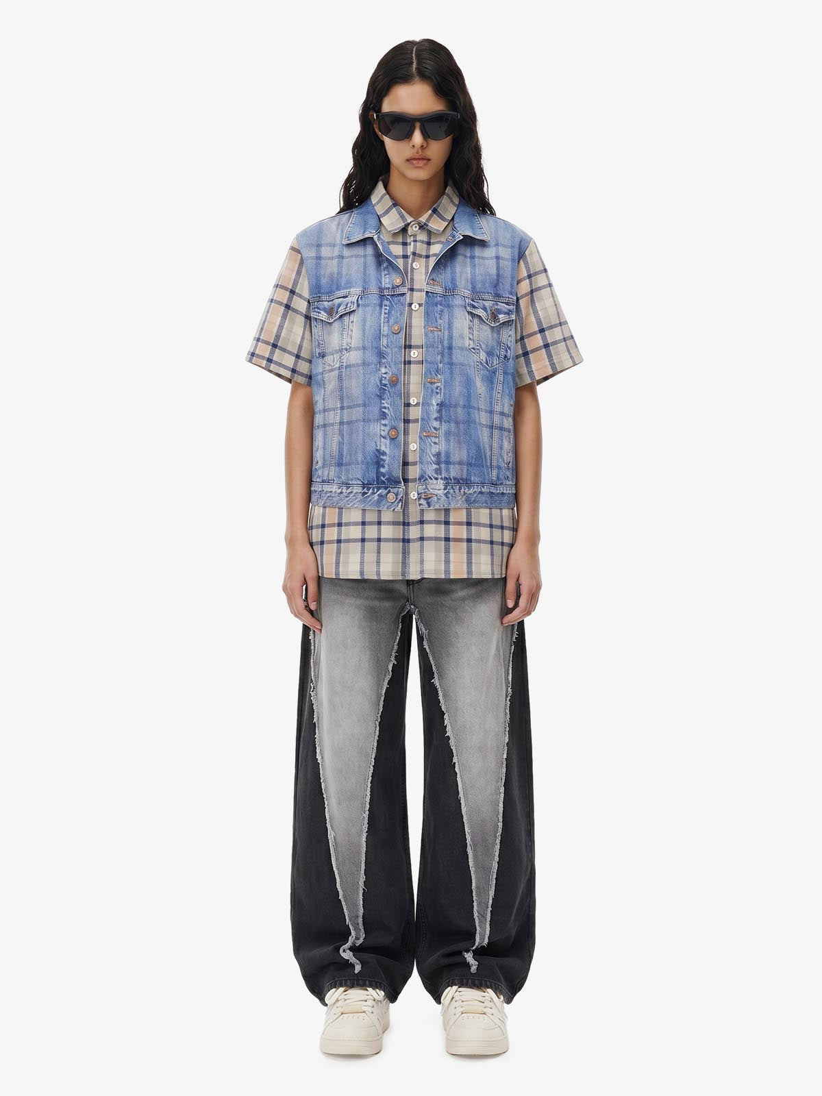 Layered Plaid Denim Print Short Sleeve Shirt 