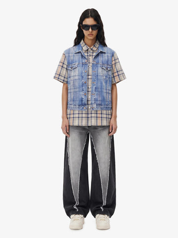 Layered Plaid Denim Print Short Sleeve Shirt 