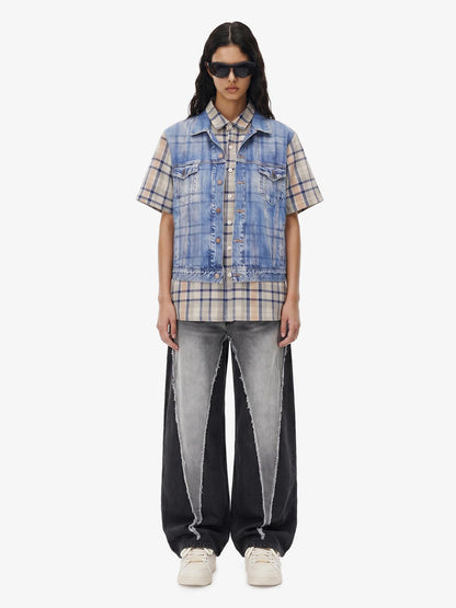 Layered Plaid Denim Print Short Sleeve Shirt 