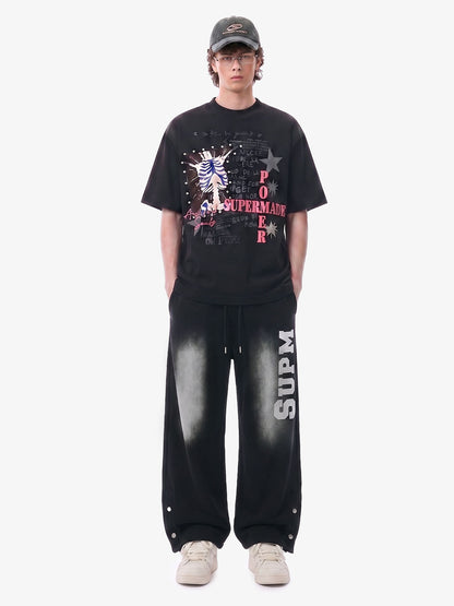 French Terry Distressed Gradient Drawstring Wide Leg Pants