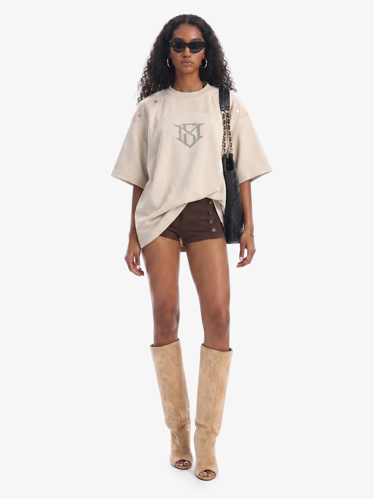 Metallic Print Suede Crew Neck T-Shirt
