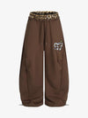 Retro Double-Waist Leopard Patch Barrel Pants - 2564 