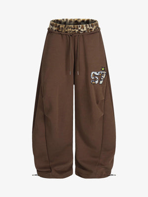 Retro Double-Waist Leopard Patch Barrel Pants - 2564 