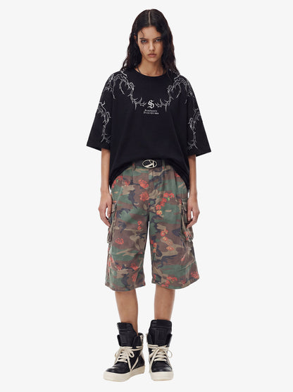 Vintage Floral Camo Multi-Pocket Cargo Shorts 