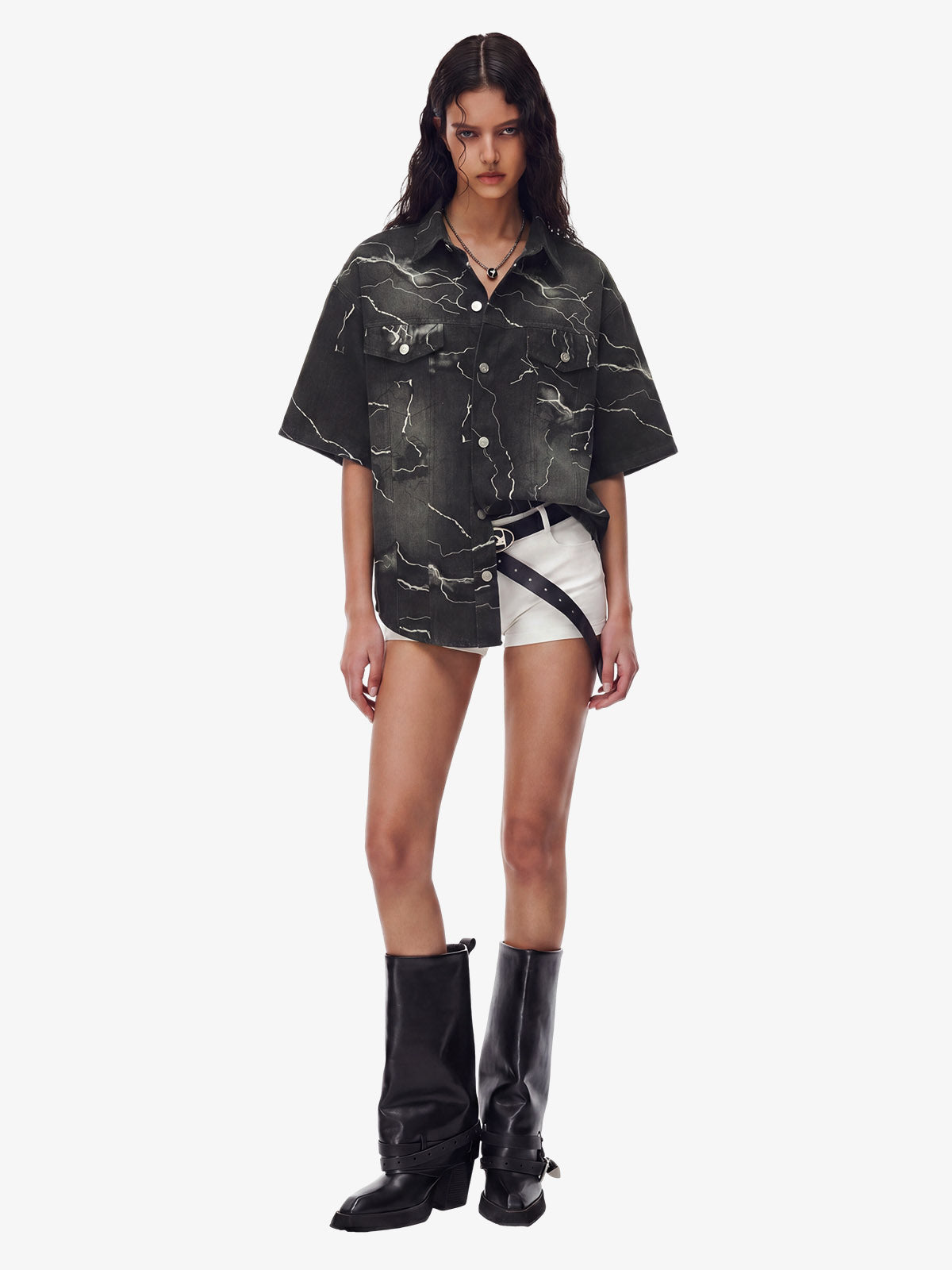 Vintage Lightning Bolt Graphic Denim Short Sleeve Shirt 