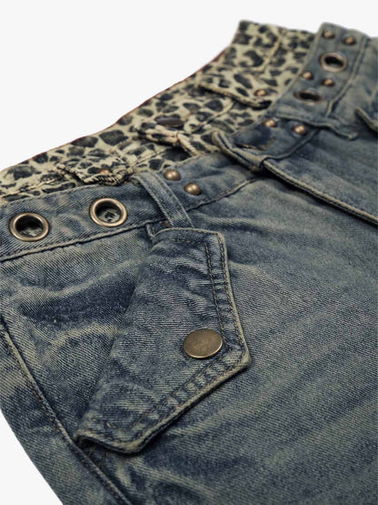 Y2K Double Waistband Leopard Print Wide Leg Jeans