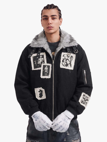 Faux Fur Collar Patchwork Embroidered Quilted Jacket