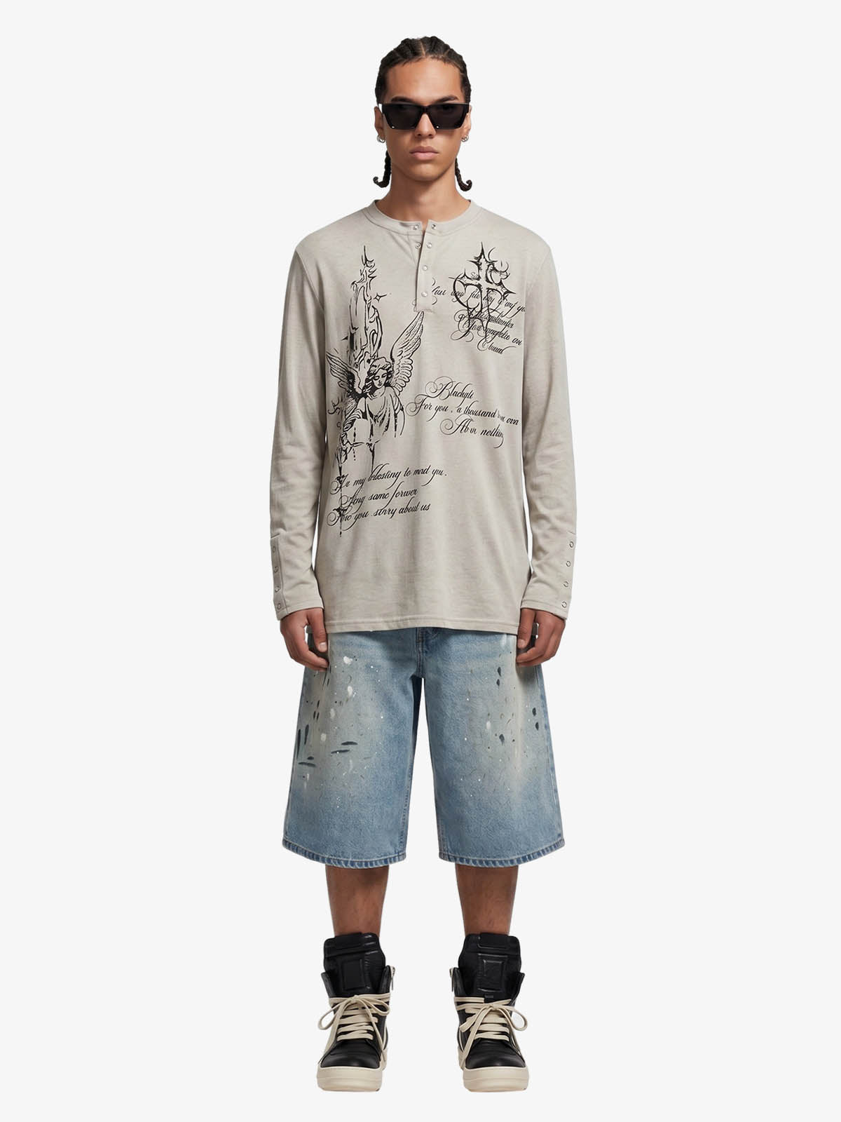 Gothic Angel Graphic Long Sleeve Henley T-Shirt 