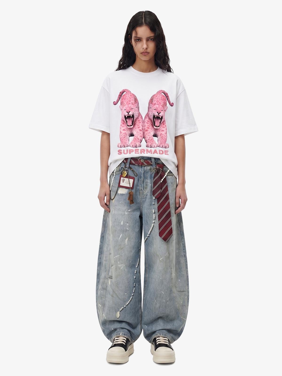 Tie Graphic Print Vintage Wash Wide Leg Denim Jeans