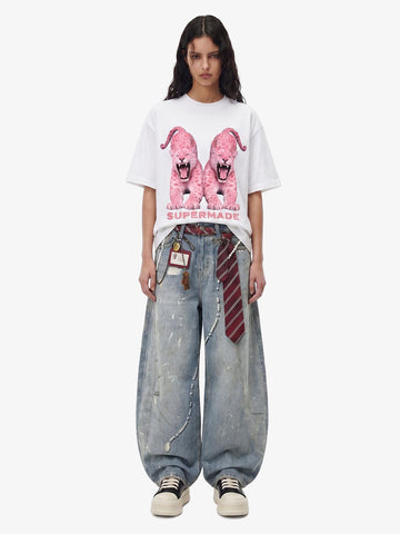 Tie Graphic Print Vintage Wash Wide Leg Denim Jeans