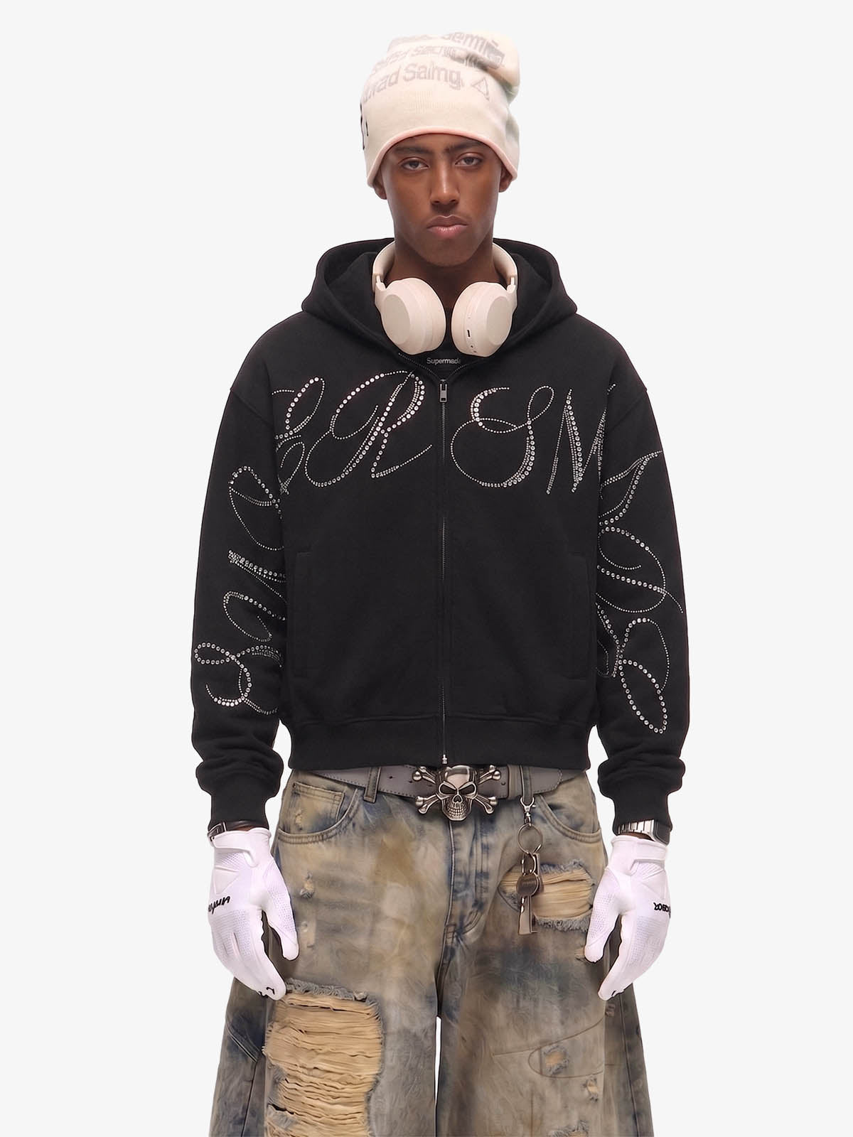 Street Hip-Hop Rhinestone Cropped Zip Up Hoodie