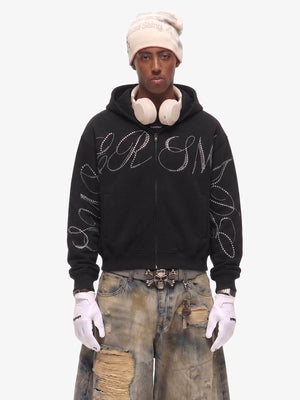 Street Hip-Hop Rhinestone Cropped Zip Up Hoodie