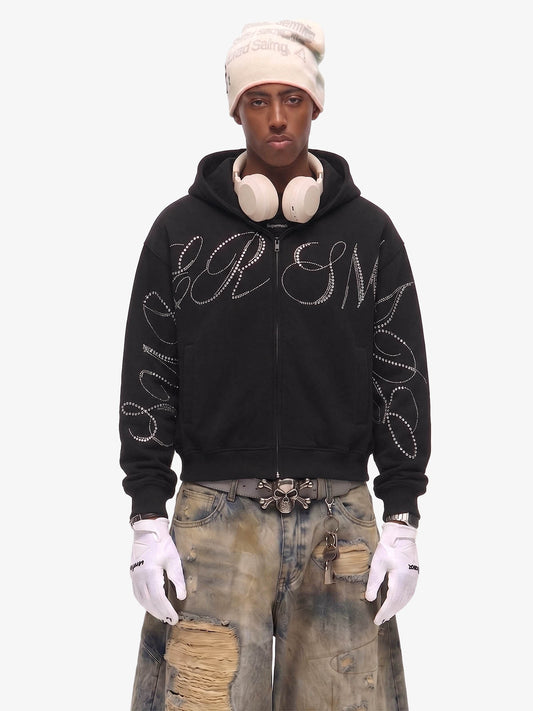 Street Hip-Hop Rhinestone Cropped Zip Up Hoodie