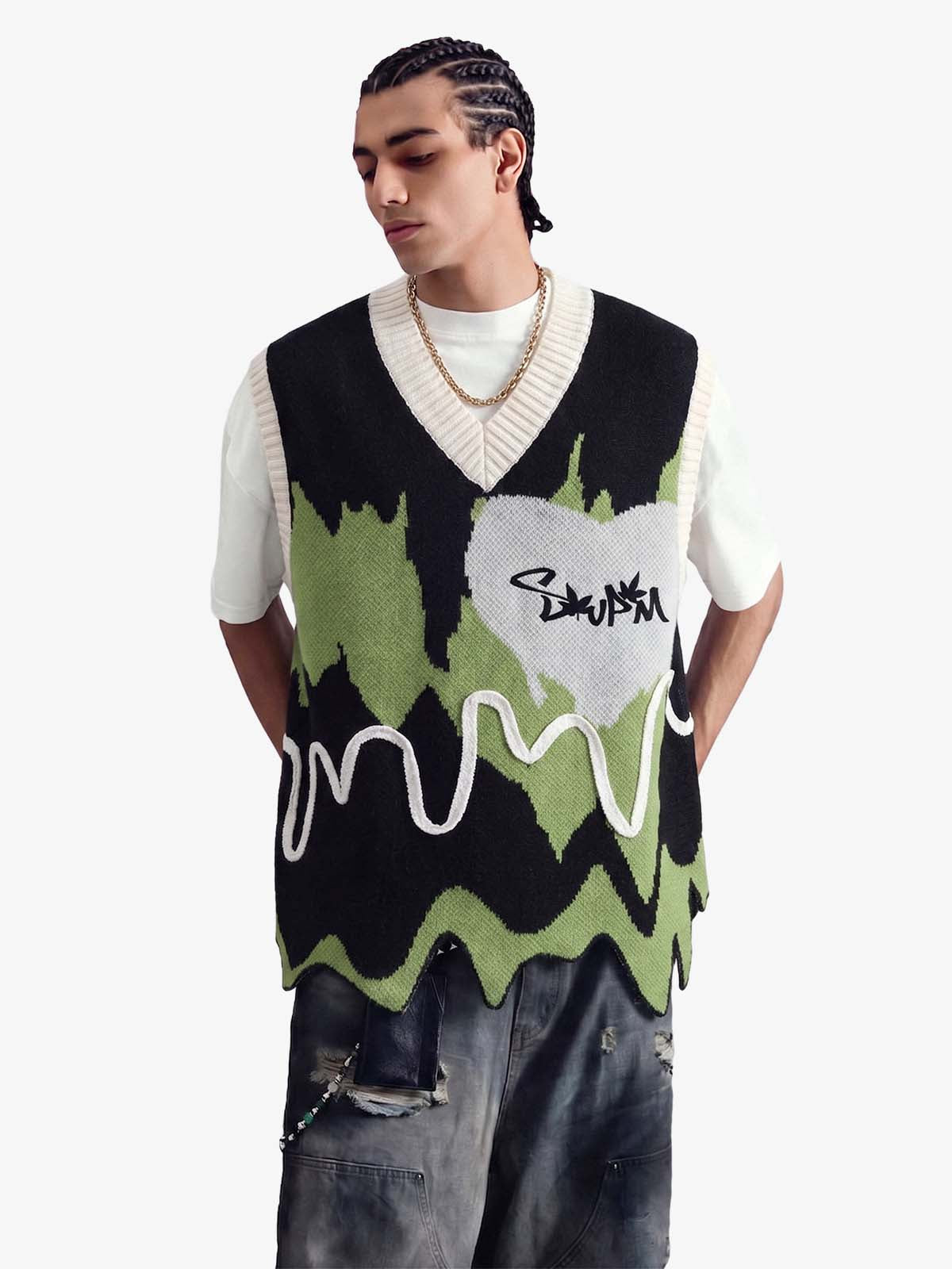Thesupermade Graffiti Love V-neck Irregular Sweater - 1695