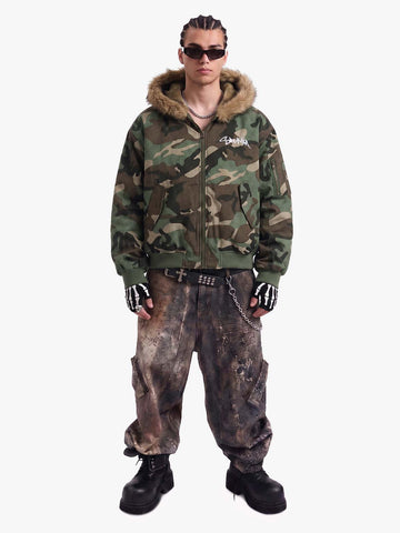 Camouflage Fur Collar Reversible Cotton Jacket - 2499