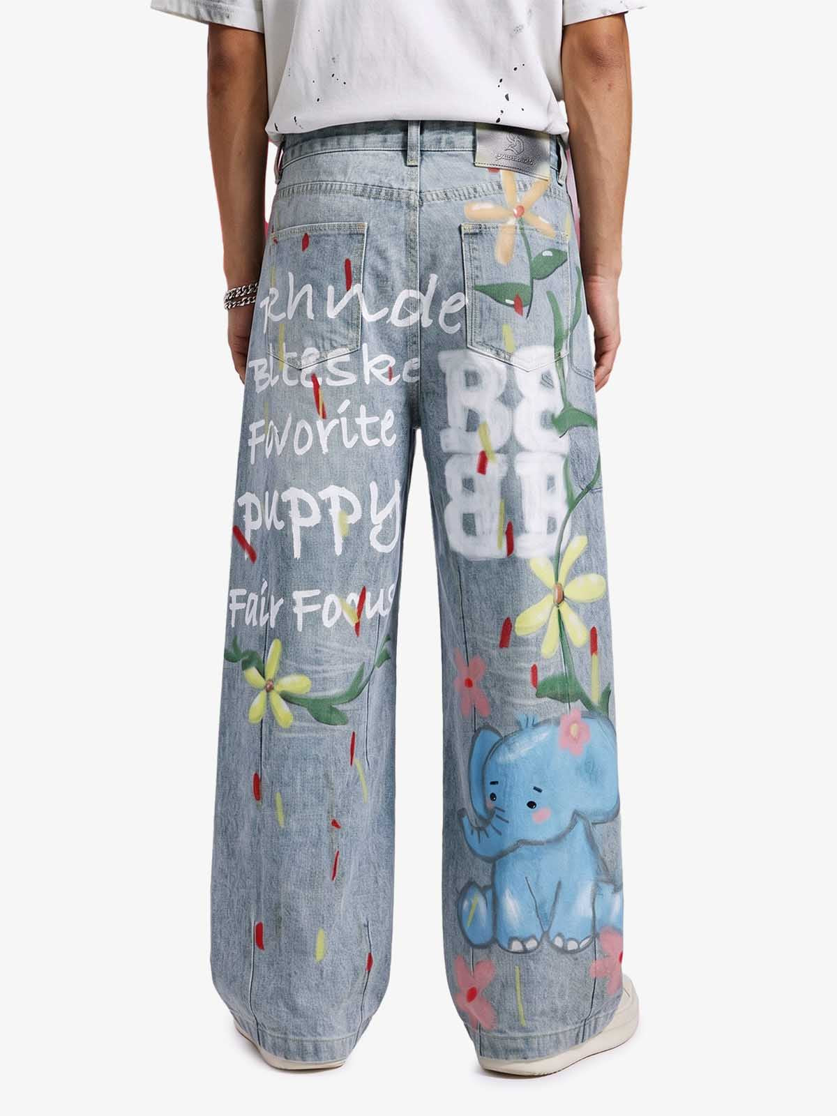Graffiti Cartoon Animal Print Distressed Wide Leg Denim Jeans
