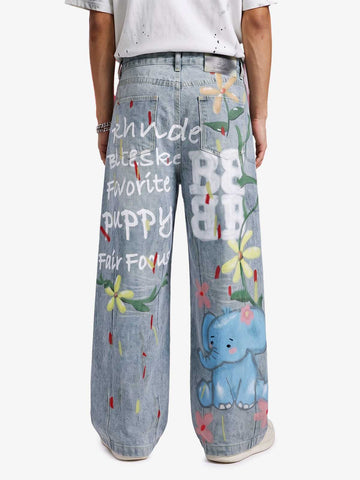 Graffiti Cartoon Animal Print Distressed Wide Leg Denim Jeans