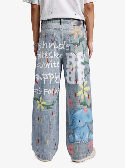 Graffiti Cartoon Animal Print Distressed Wide Leg Denim Jeans
