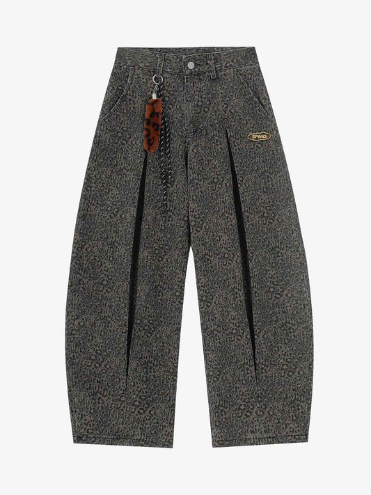 Leopard Pleated Wide Leg Denim Barrel Jeans