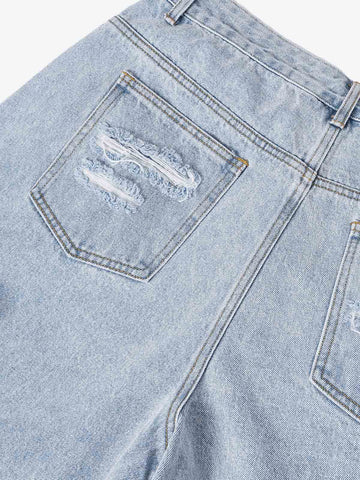 Retro Washed Plaid-Paneled Distressed Denim Set 