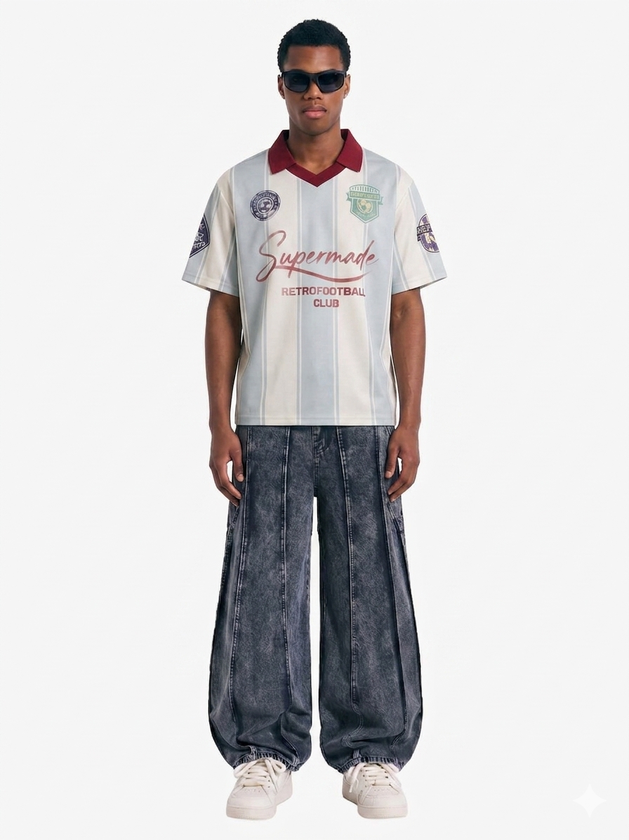 Washed Geometric Panel Barrel Jeans 