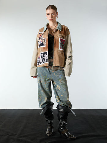 Punk Retro Collage Print Distressed Heavy Jacket - 2539 