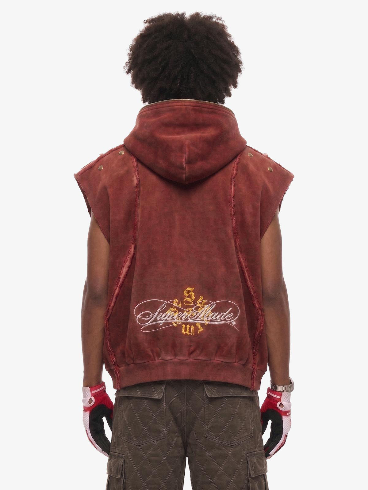 Vintage Distressed Full-Zip Hooded Sleeveless Vest