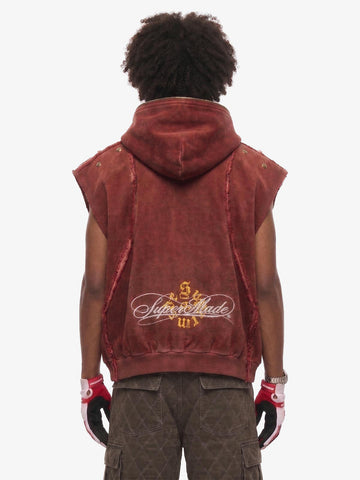 Vintage Distressed Full-Zip Hooded Sleeveless Vest
