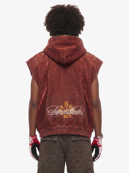 Vintage Distressed Full-Zip Hooded Sleeveless Vest
