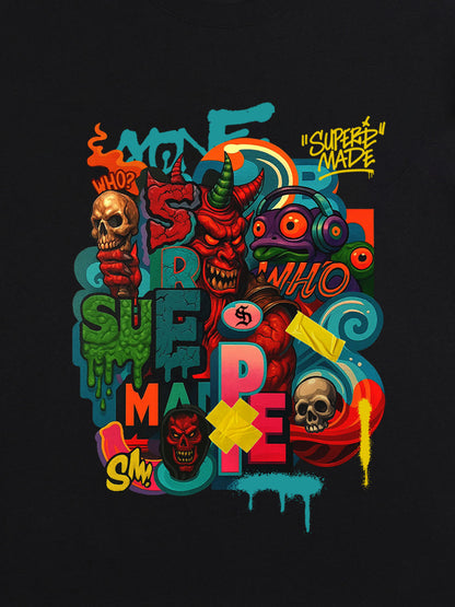 Trendy Multicolor Graffiti Skull Graphic T-Shirt 