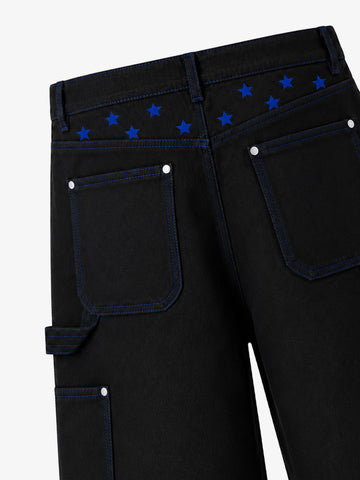 Black Utility Denim Shorts with Blue Embroidery