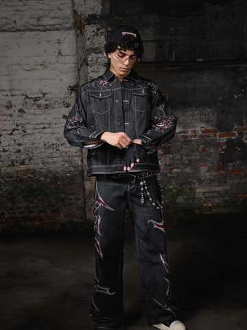 Tribal Rhinestone Graphic Wide Leg Jeans