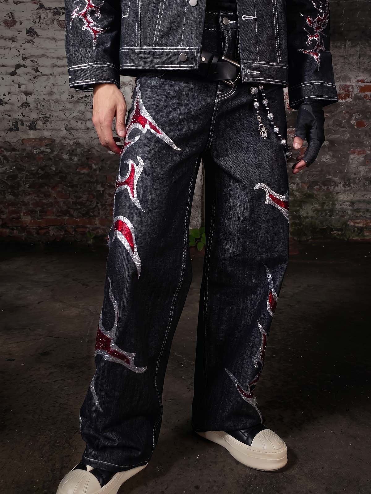 Tribal Rhinestone Graphic Wide Leg Jeans
