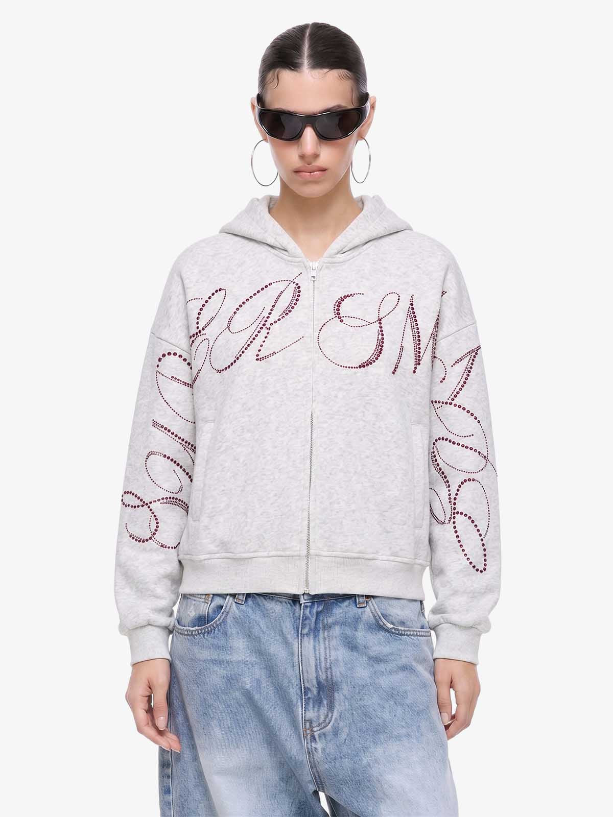 Street Hip-Hop Rhinestone Cropped Zip Up Hoodie