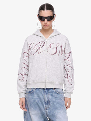 Street Hip-Hop Rhinestone Cropped Zip Up Hoodie