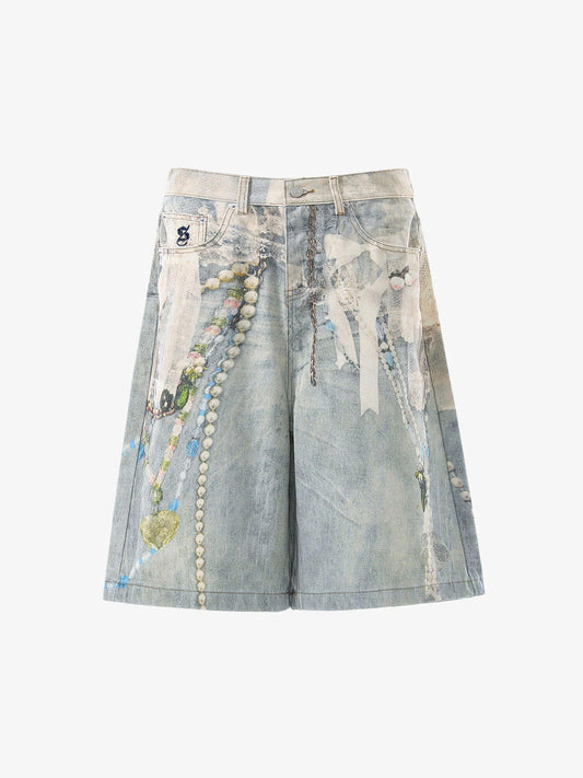 Jewelry Pearl Graphic Print 3D Effect Denim Shorts