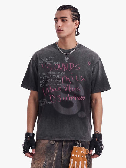 Washed Graffiti Text Print Spray Effect T-Shirt - 2614