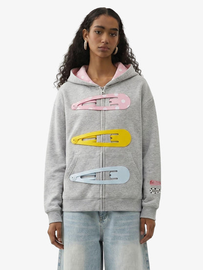 Detachable Hair Clip Decoration Zip Up Hoodie