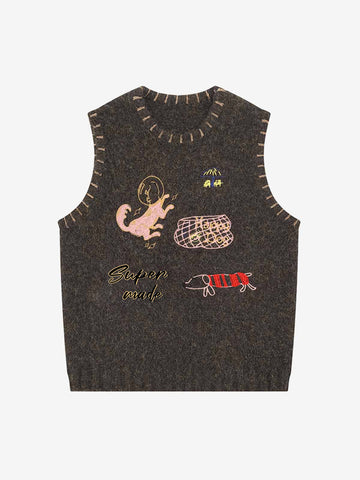 Vintage Embroidered Graphic Knit Sweater Vest 