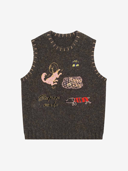 Vintage Embroidered Graphic Knit Sweater Vest 