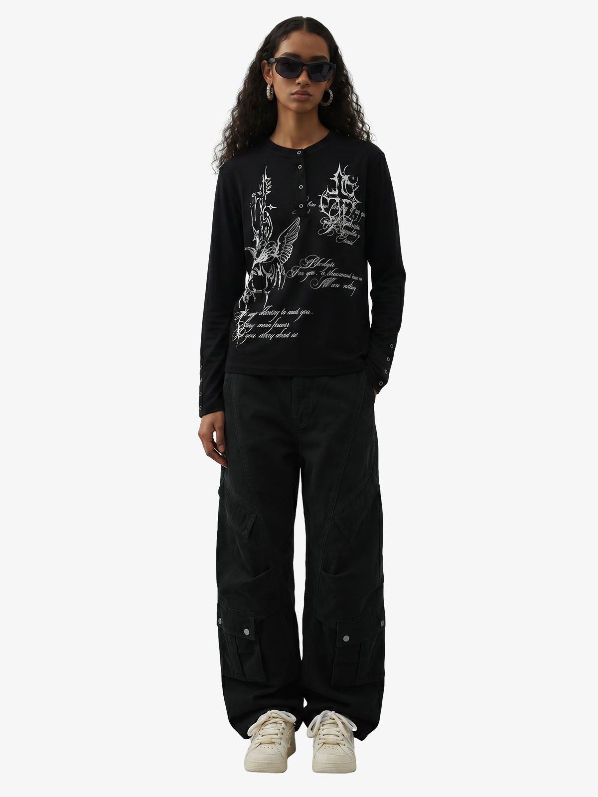 Gothic Angel Graphic Long Sleeve Henley T-Shirt 